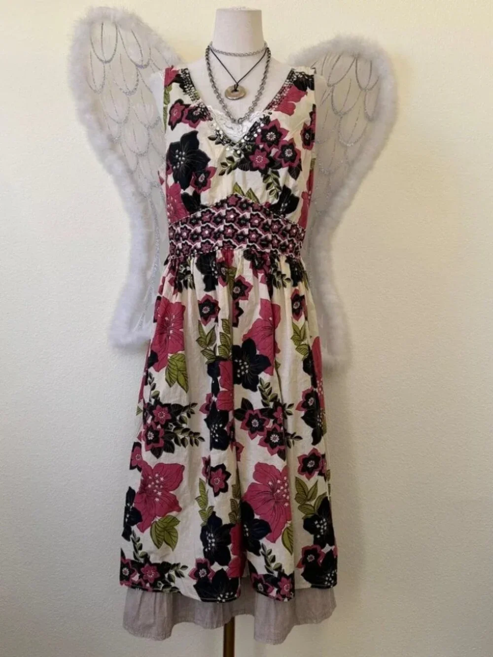 Earthy Mori Girl Whimsy Twee Floral Cotton Sequin V-Neck Dress‎ Sparkly Babydoll